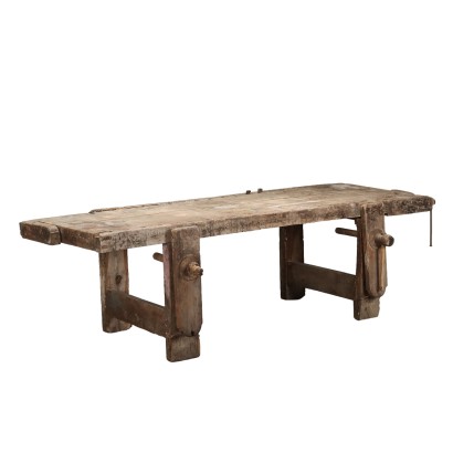 Antiker Schreiner-Doppeltisch mit Schraubstöcken '900 Ulmenholzmöbel