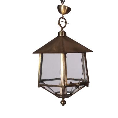 Vintage Single Light Chandelier '900 Lantern Brass Glass Lighting