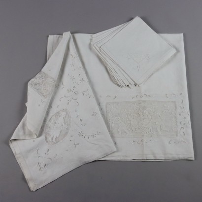 Ancient Tablecloth with 12 Napkins '900 Flax Filet Full Stich