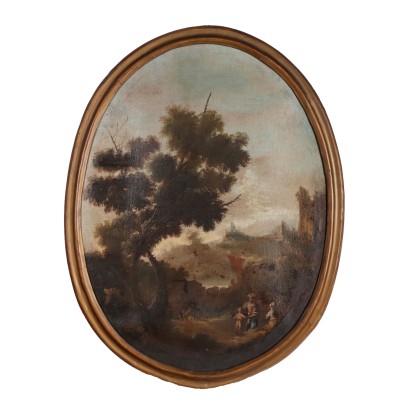Peinture ovale avec Paysage et Figures