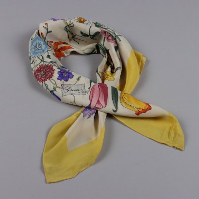 Vintage Gucci Flora Scarf 1966 Silk Flowers Decorations Yellow Frame