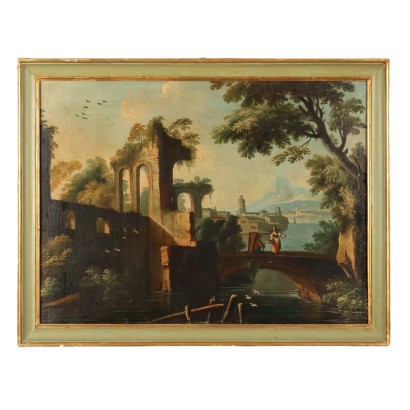 Ancient Painting Landscape with Architecture Oil on Canvas Frame