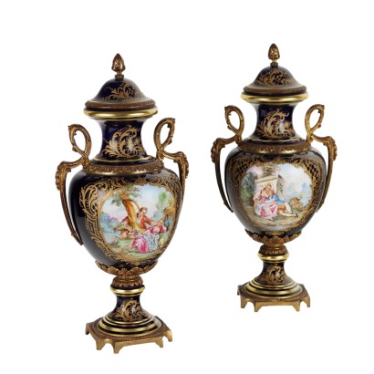 Ancient Vases Mid '900 Sèvres Porcelain Gilded Bronze Gold Decorations