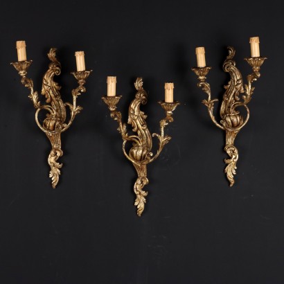 Group of 3 Ancient Wall Lamps 2 Lights Carved and Gilded Wood