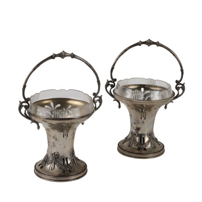 Pair of Ancient Fruitstands Vienna 1866-1918 Embossed Silver Glass