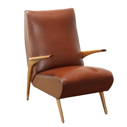 Vintage Sessel der 1950er Jahre Holz Polsterung Kunstleder Bezug