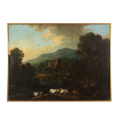 Antikes Gemälde Öl auf Leinwand Landschaft mit Tiere Rahmen