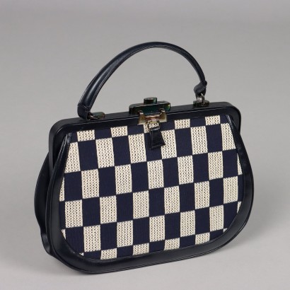 Vintage Handbag from the 1950s-60s Blue and White Leather Cotton