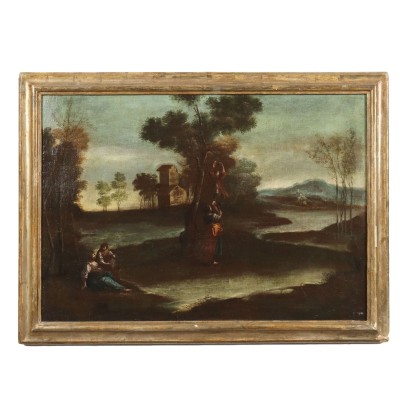 Ancient Painting '700 Landscape with Figures Oil on Canvas Style Frame