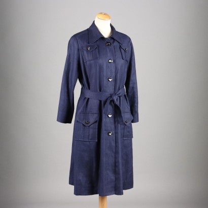 Vintage Kleid der 1970er Jahre Gr. M/L Nachtblau mit Gürtel aus Leinen
