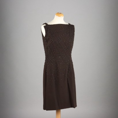 Vintage Kleid Gr. M/L der 60er-70er Jahre Dunkelbraune Seide Stickerei