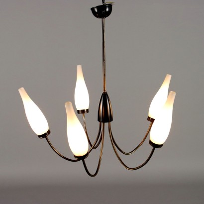 Lampe Vintage des Années 50-60 Aluminium Laiton Verre Opalin