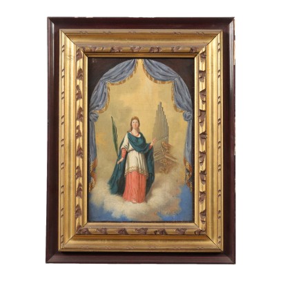 Ancient Painting '800 Holy Figures St. Cecilia Oil on Canvas Frame