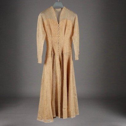 Vintage Cocktail Dress Size 8/10 50s-60s Lace Beige/Gold