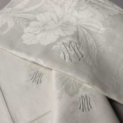 Ancient Tablecloth with 6 Napkins '900 Cloth White Flax