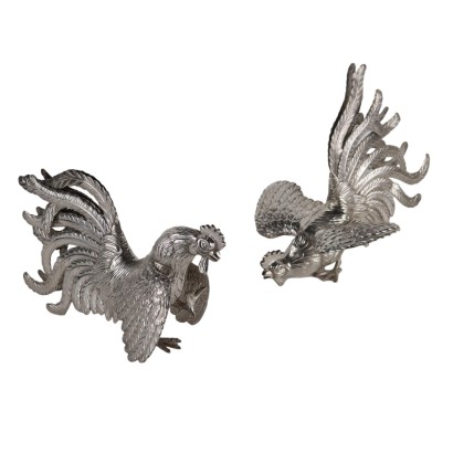 Pair of Menu Holder Roosters '900 Embossed and Chiselled Silver