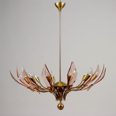Vintage Ceiling Lamp from the 1950s Brass Beveled Glass Lighting
