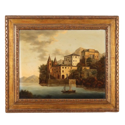 Painting, lake view with buildings and boats