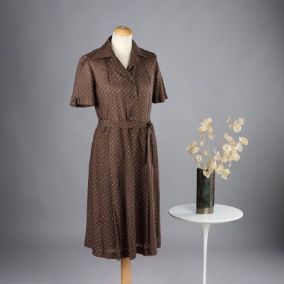 Robe Vintage Taille S des Années 60 Tissu Coton Marron Pois