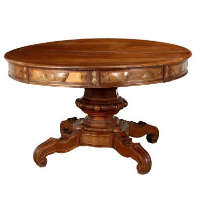 Ancient Round Table Umbertino Late '800 Maple Walnut Furnishing