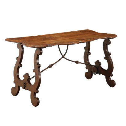 Ancient Refectory Console with Top '900 Walnut Iron Lyra Feet