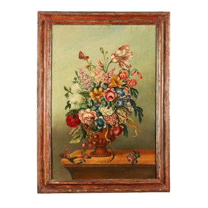 Ancient Painting '800 Still Life with Flowers and Butterfly Oil
