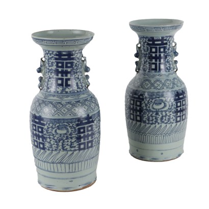 Ancient Vases First Half XX Century Blue Painted Porcelain Racemes
