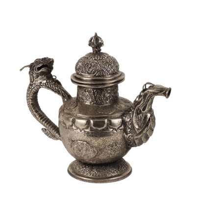 Ancient Tibetan Teapot First Half XX Century White Embossed Metal