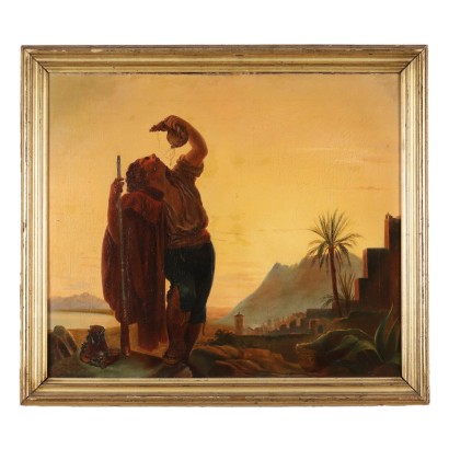 Antikes Gemälde 800 Landschaft mit Figur Öl auf Leinwand Anfang 900