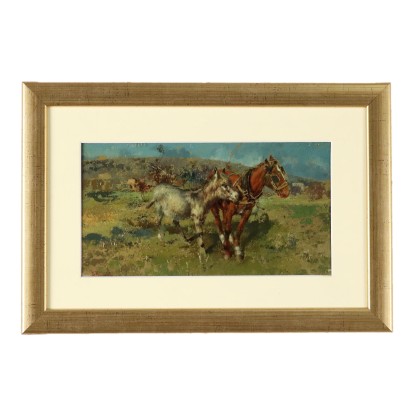 Kleines Gemälde '900 Tito Pellicciotto Pferd und Esel Öl auf Karton