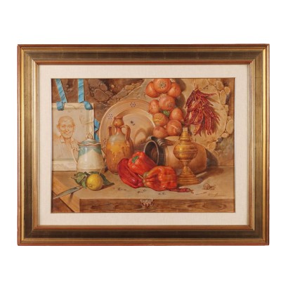 Tableau Vincenzo Buscicchio Composition Légumes Poterie Art '900