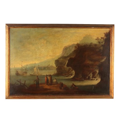 Sea Landscape with Figures Oil on Canvas '700 Art Ancient Painting