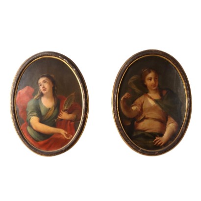 Paar Allegorische Gemälde Öl auf Leinwand XVII Jhd