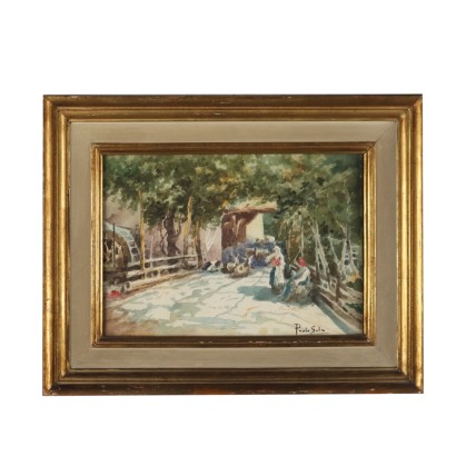 Painting by P. Sala Glimpse of a Village Watercolor Art '900