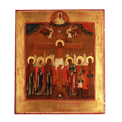 Ikone mit Dreifaltigkeit und Heiligen Tempera auf Holz Russland '800