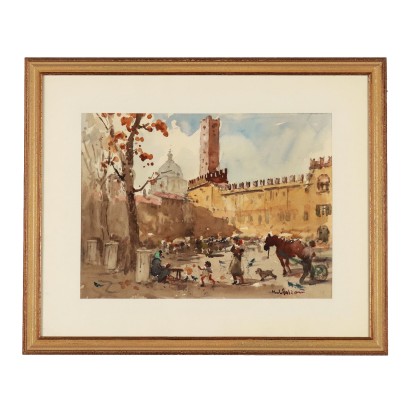 Piazza Sordello Watercolor Painting by Giulio Falzoni Old Mantua