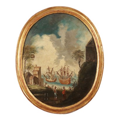 Ovales Gemälde mit Seelandschaft Öl auf Leinwand Kunst '800