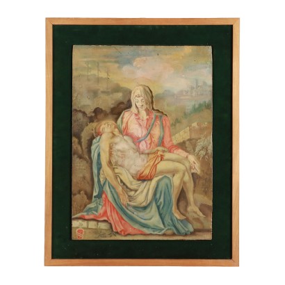Ancient Painting The Pietà Oil on Wooden Board Italy XIX Century