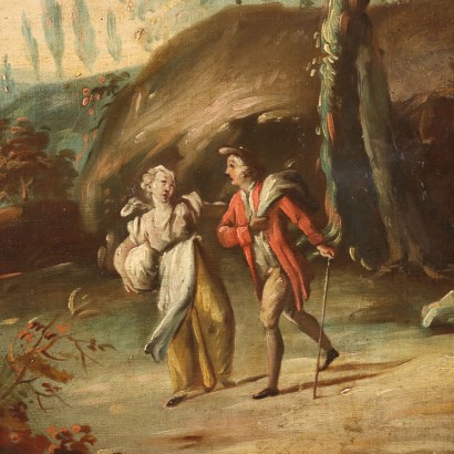 Ovales Gemälde Landschaft mit Figuren Öl auf Leinwand
