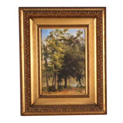 Ancient Painting Late XIX Century Landscape with Figure Oil on Canvas