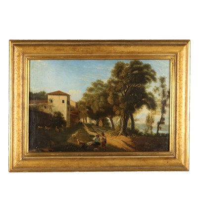 Painting Landscape with Shepherds Oil on Canvas XIX-XX Century