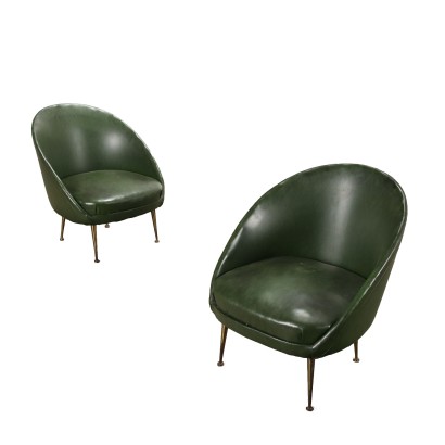 Pair of Vintage Small Armchairs Leatherette and Brass Italy 1950s