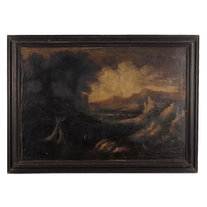 Ancient Painting '700 Lake Landscape Oil on Canvas Frame