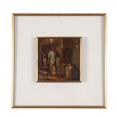 Ancient Painting Interior Scene with Figures Oil on Canvas Framed