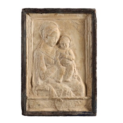 Ancient Bas-Relief Stucco '500-'600 Virgin Mary with Child and Angels