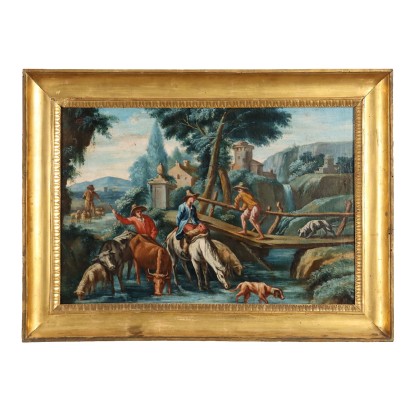 Ancient Painting '800-'900 Landscape with Figures Oil on Canvas