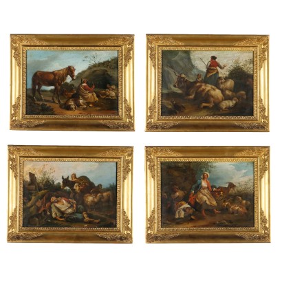 Gruppe von vier Gemälden mit Szenen Pa,Gruppe von vier pastoralen Szenen