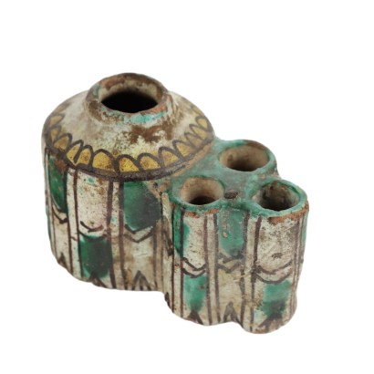 Ancient Inkwell '800 Enamelled Eartenware Coloured Decorations
