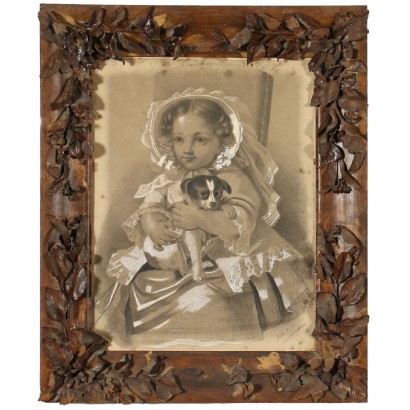 Kunst, italienische Kunst, italienische Malerei des 19. Jahrhunderts, Porträt eines kleinen Mädchens mit einem kleinen Hund, Porträt eines kleinen Mädchens mit einem kleinen Hund
