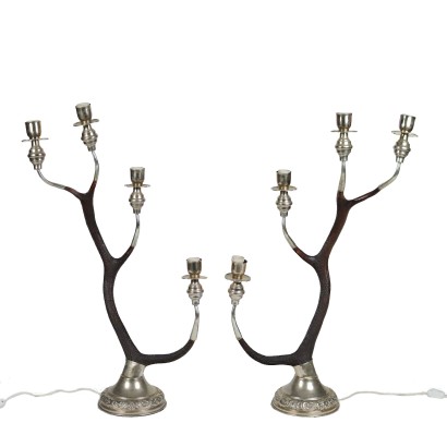 Pair of Ancient Lamps '900 Metal and Deer Antlers 4 Lights